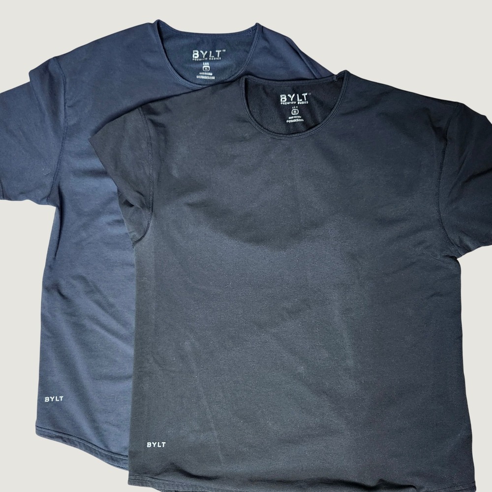 BYLT Lux Mens XL Short Sleeve T-Shirt Black Navy Stretch Crewneck Drop Cut